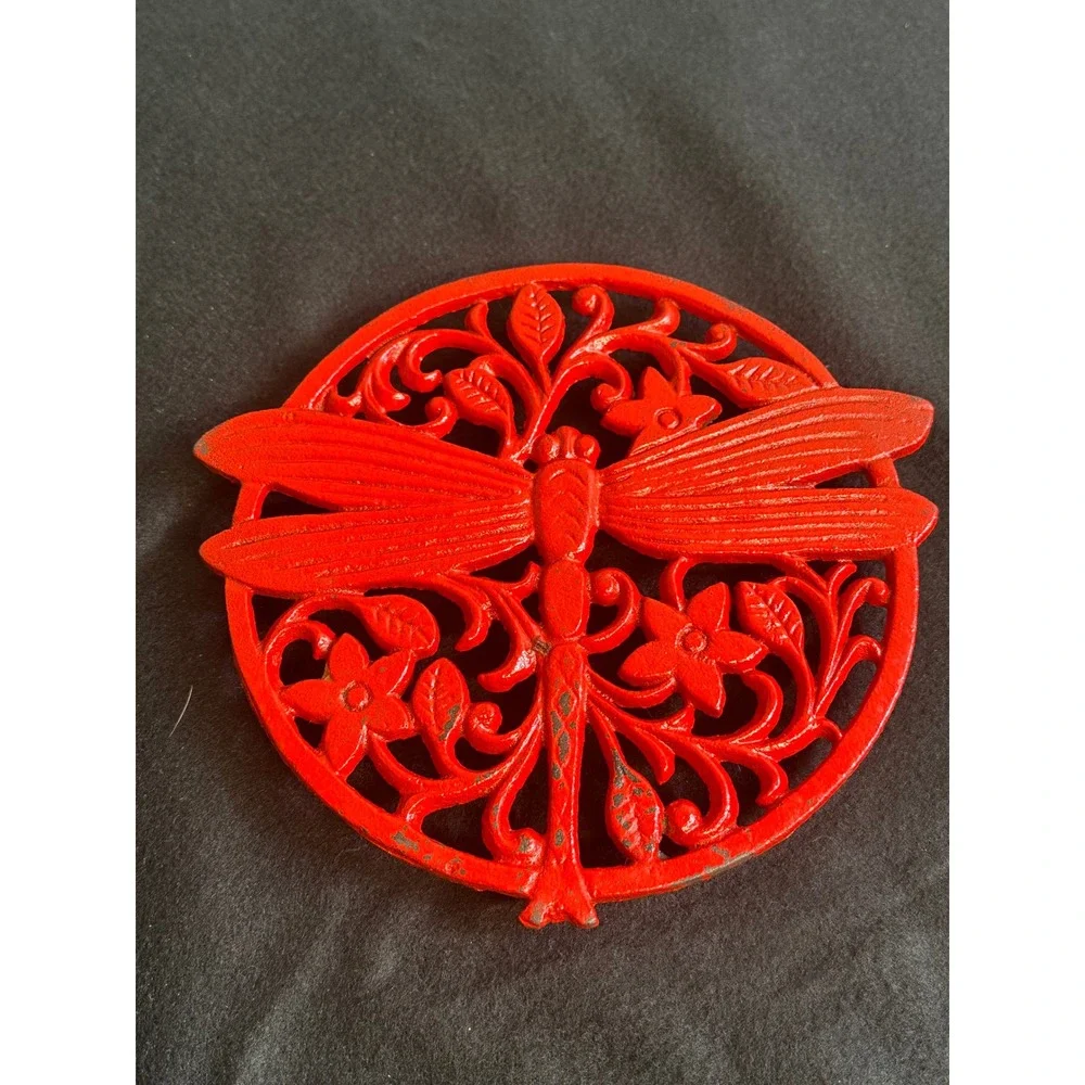 Vintage Red Cast Iron Dragonfly Trivet Round Floral Metal Hot Pad 8 Inch